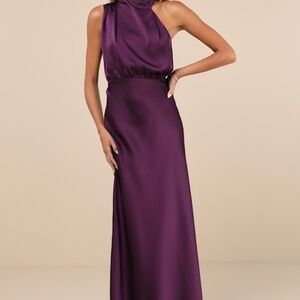 Lulus Distinctive Charm Purple Satin Asymmetrical Maxi Dress - Size M